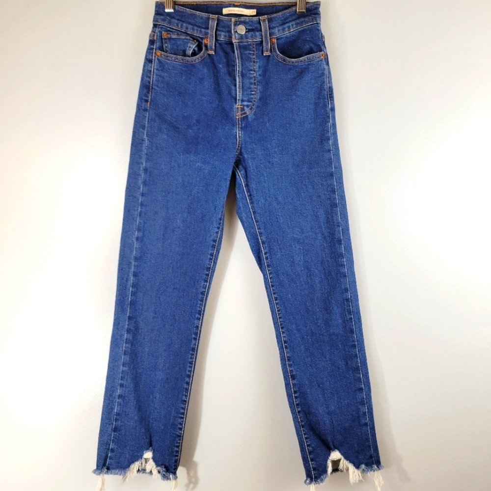 LEVI'S Wedgie Straight cropped distressed hem button fly cotton denim jeans